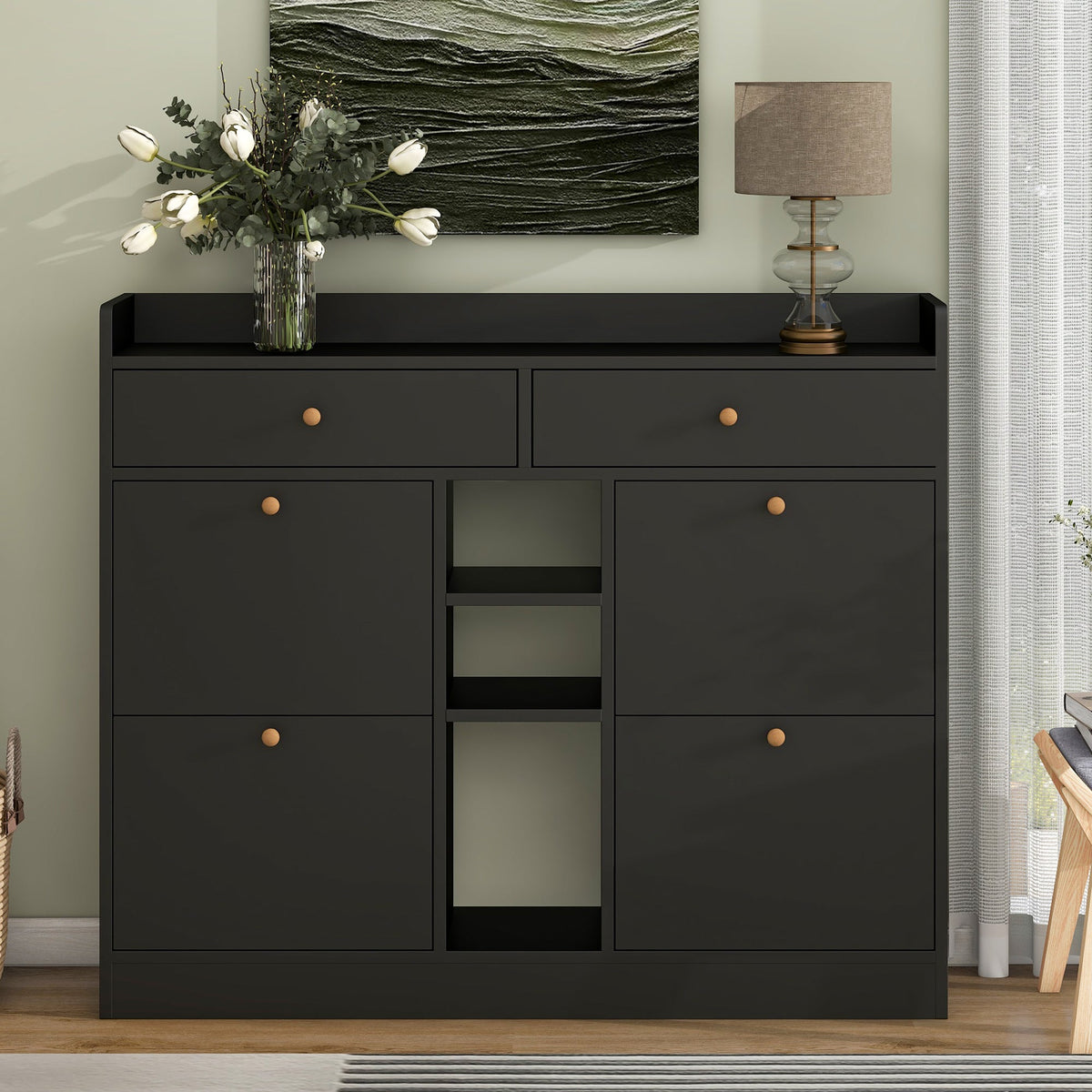 Black Shoe Cabinet with Hidden Flip-Down Shoe Storage