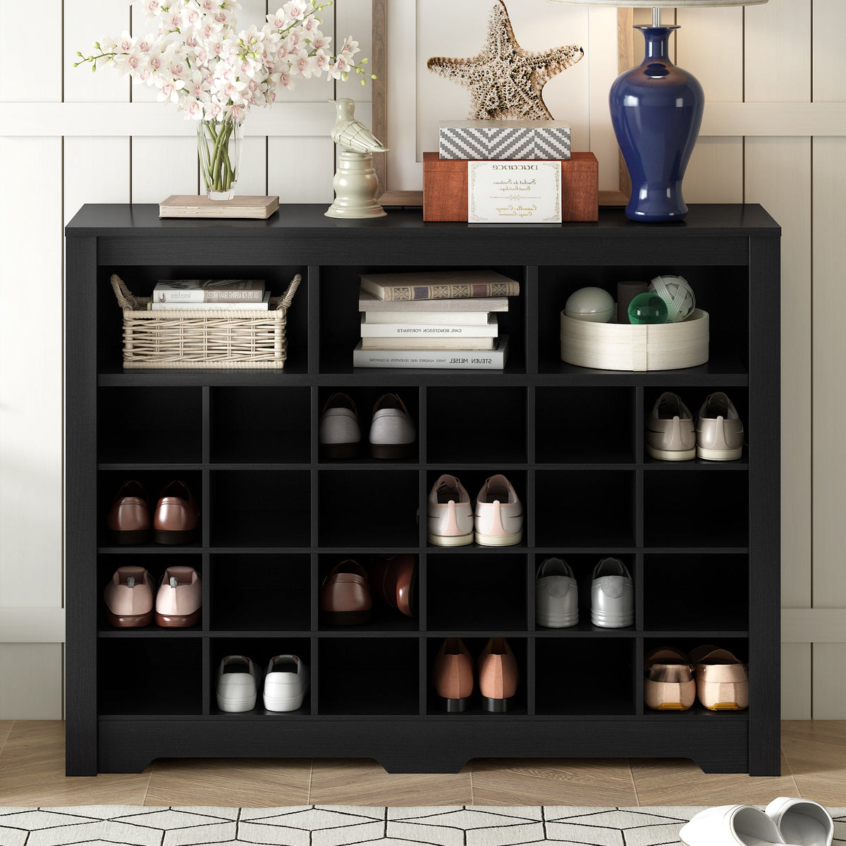 24-Cubby Black Shoe Cabinet with Boot Storage