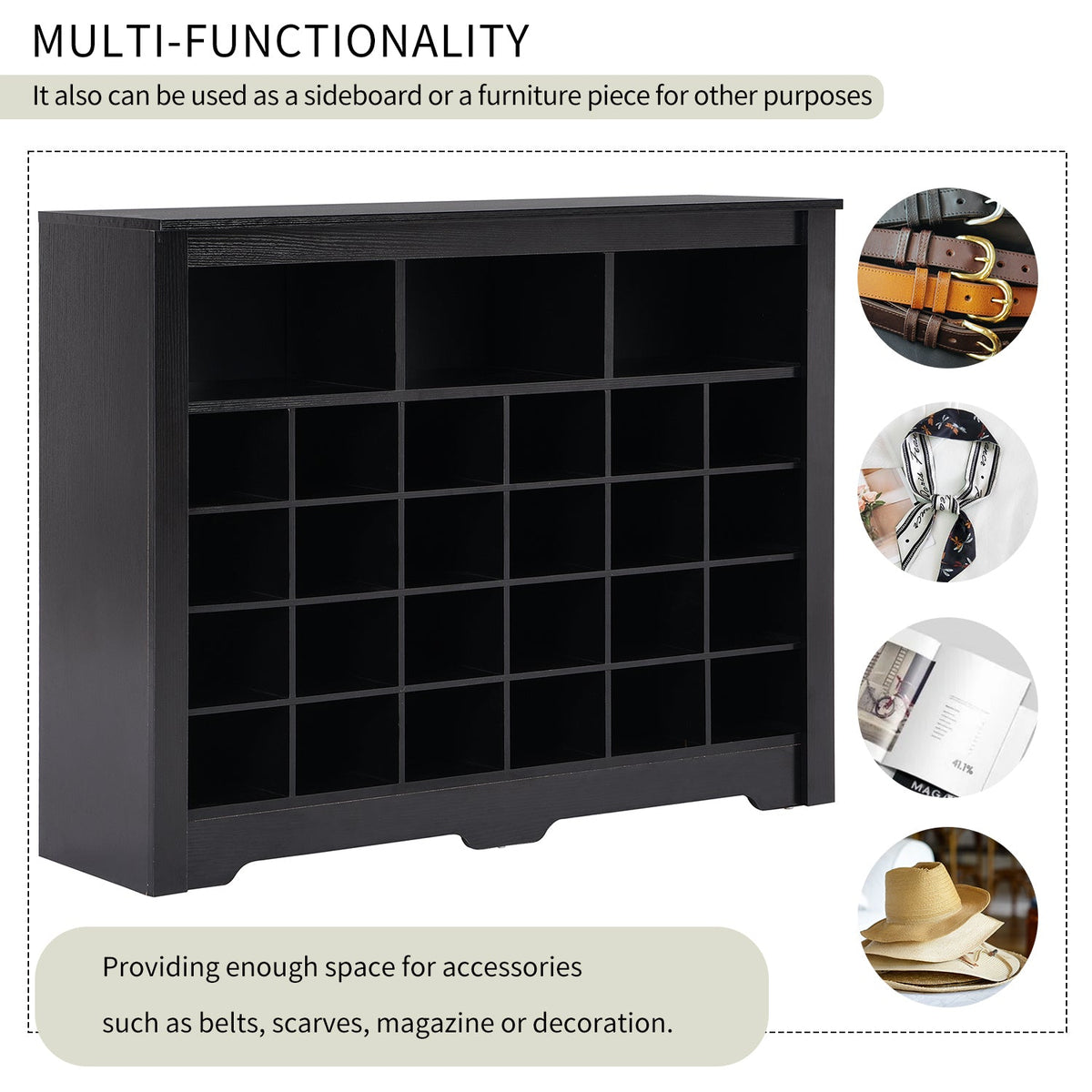 24-Cubby Black Shoe Cabinet with Boot Storage