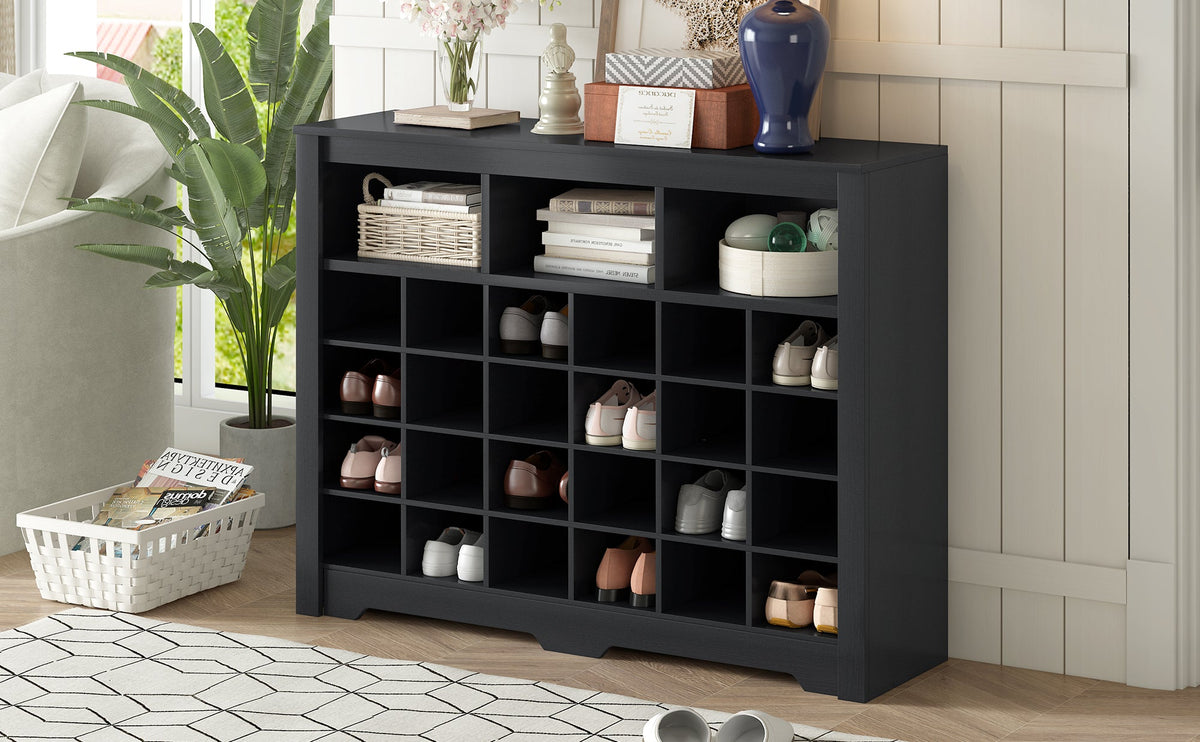 24-Cubby Black Shoe Cabinet with Boot Storage