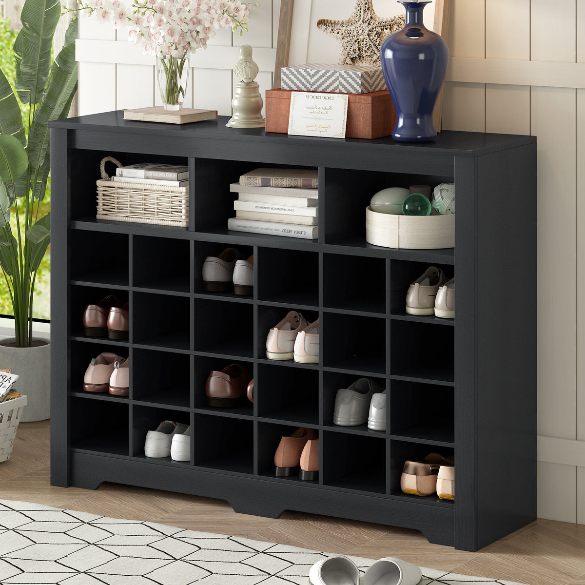 24-Cubby Black Shoe Cabinet with Boot Storage