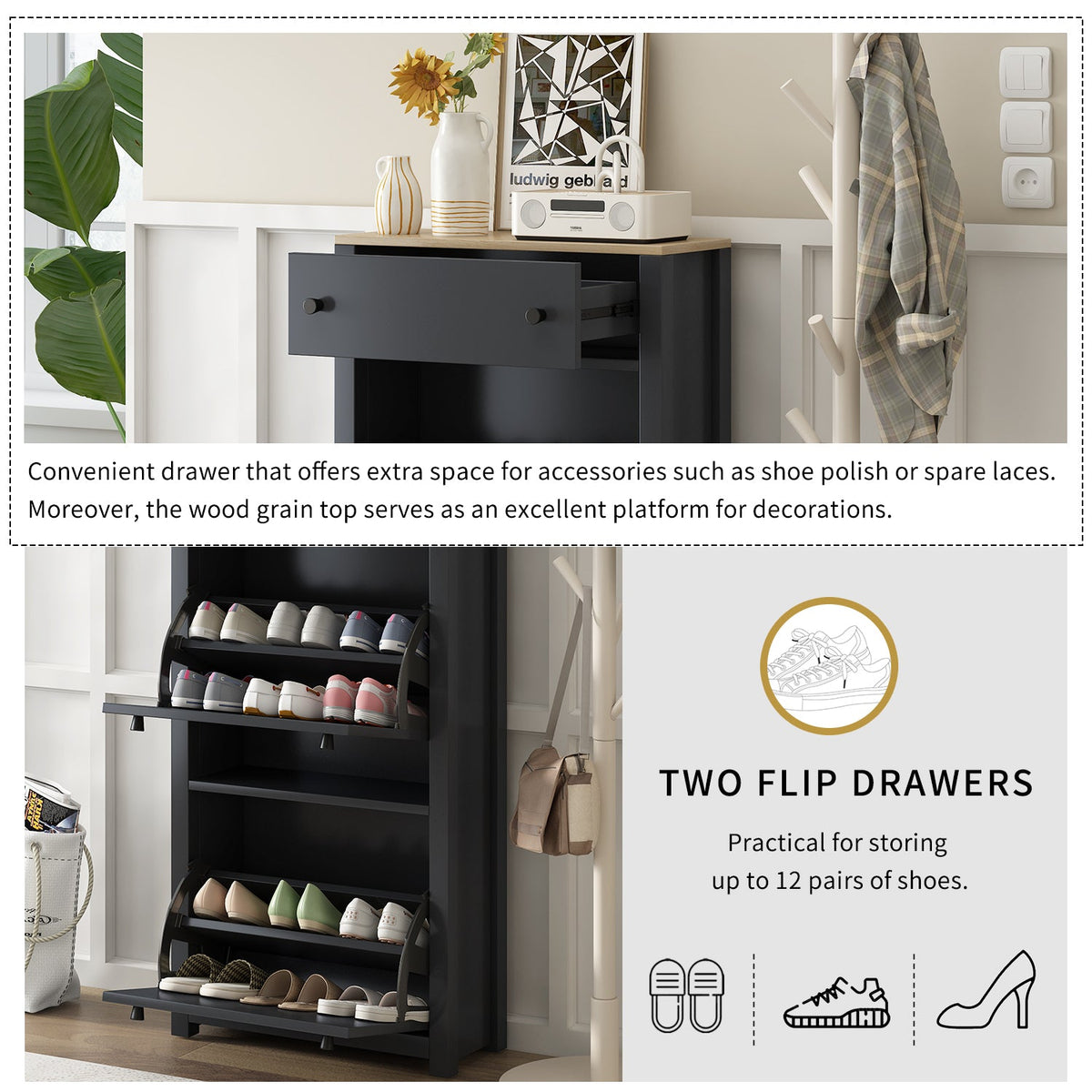 Entryway Shoe Cabinet with Flip Drawers, Matte Black