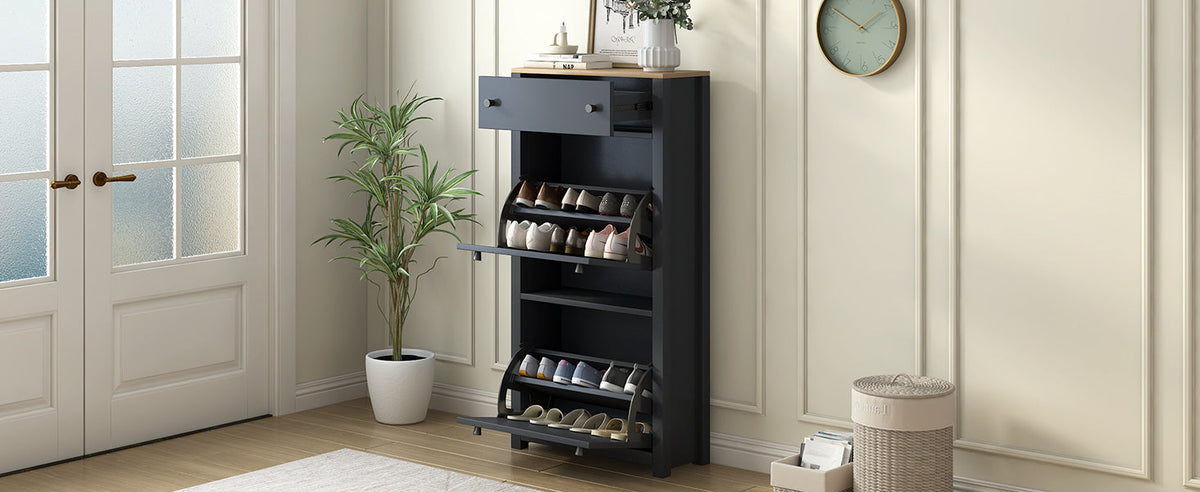 Entryway Shoe Cabinet with Flip Drawers, Matte Black