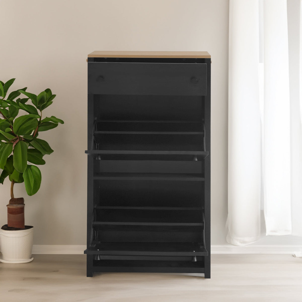 Entryway Shoe Cabinet with Flip Drawers, Matte Black