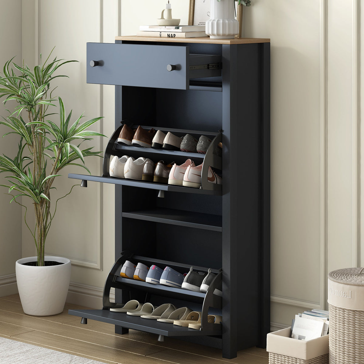 Entryway Shoe Cabinet with Flip Drawers, Matte Black