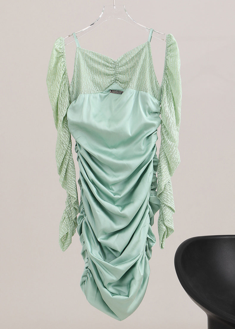 Ruched Satin Mini Dress with Lace Sleeves for Date Night
