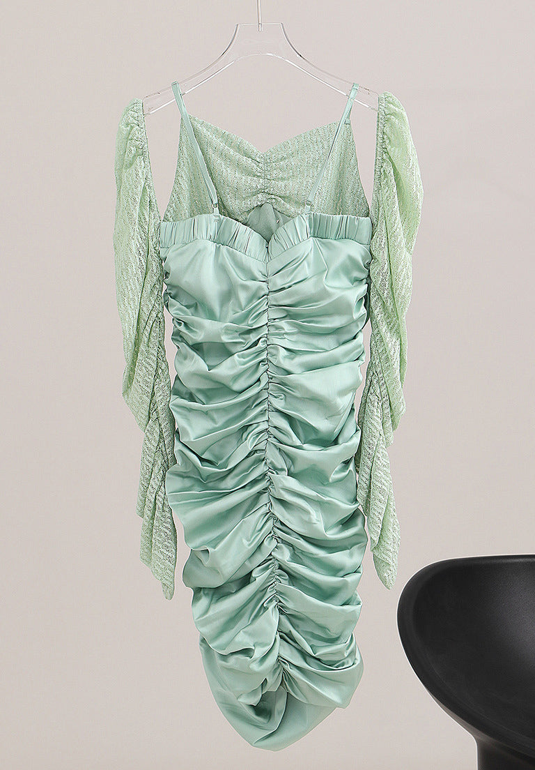 Ruched Satin Mini Dress with Lace Sleeves for Date Night