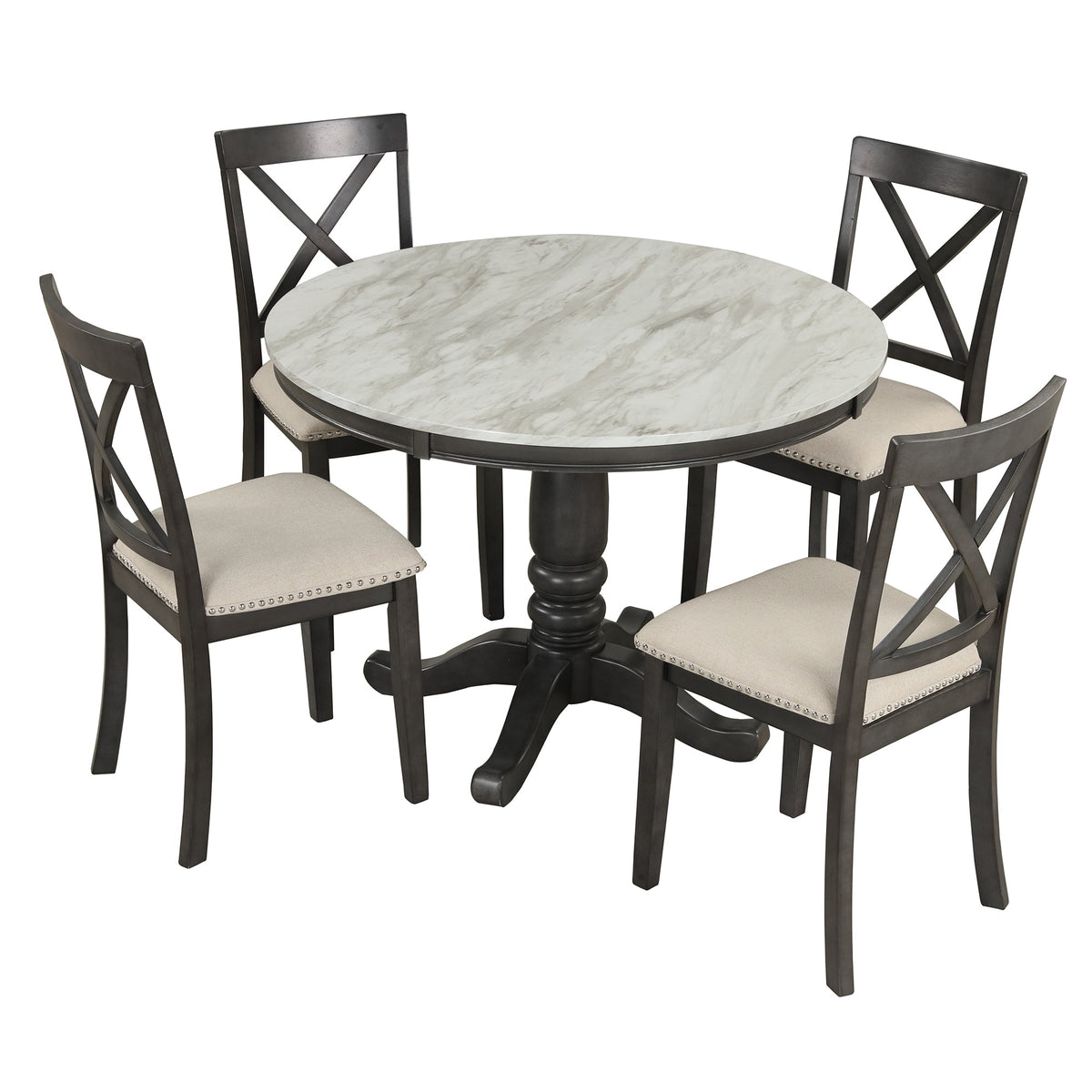 Round Marble-Look Dining Table Set for 4 with Padded Chairs