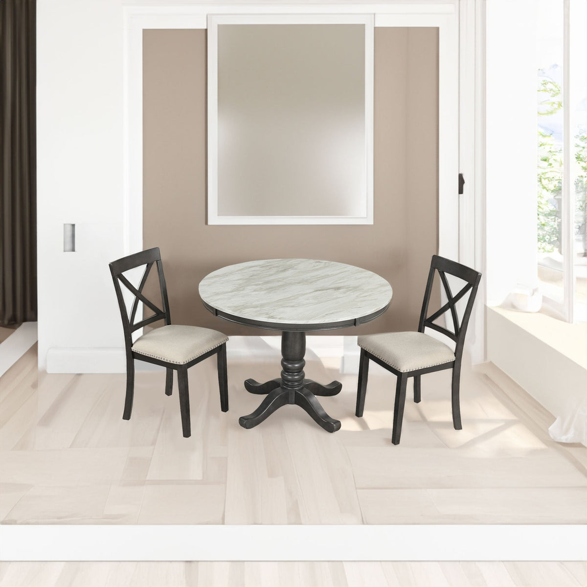 Round Marble-Look Dining Table Set for 4 with Padded Chairs