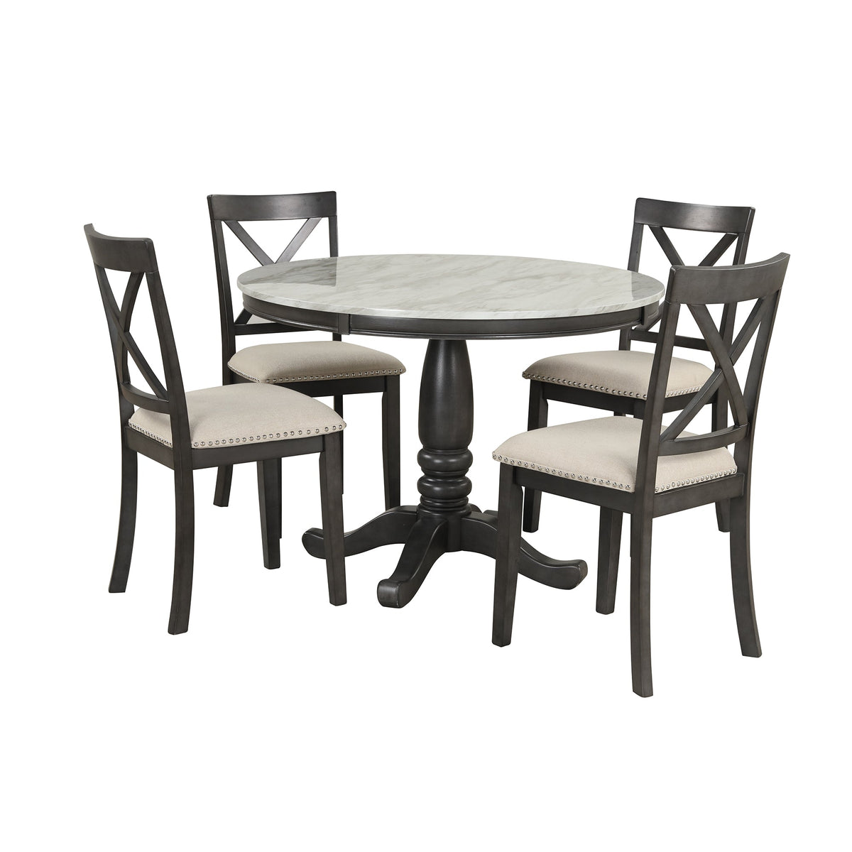 Round Marble-Look Dining Table Set for 4 with Padded Chairs