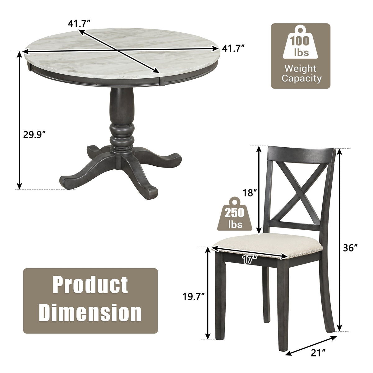 Round Marble-Look Dining Table Set for 4 with Padded Chairs