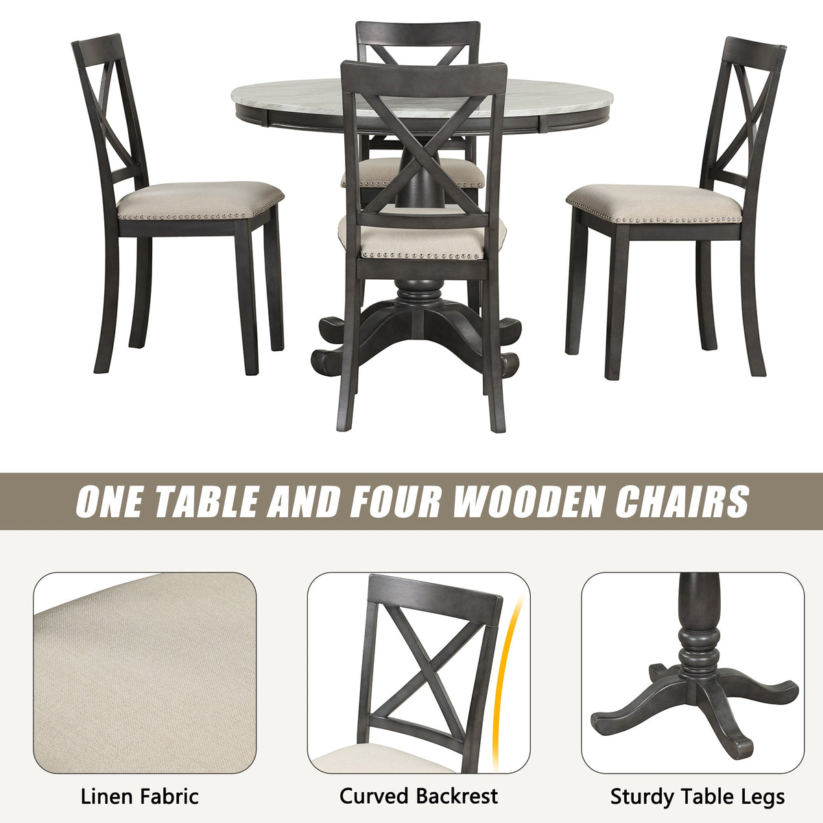 Round Marble-Look Dining Table Set for 4 with Padded Chairs
