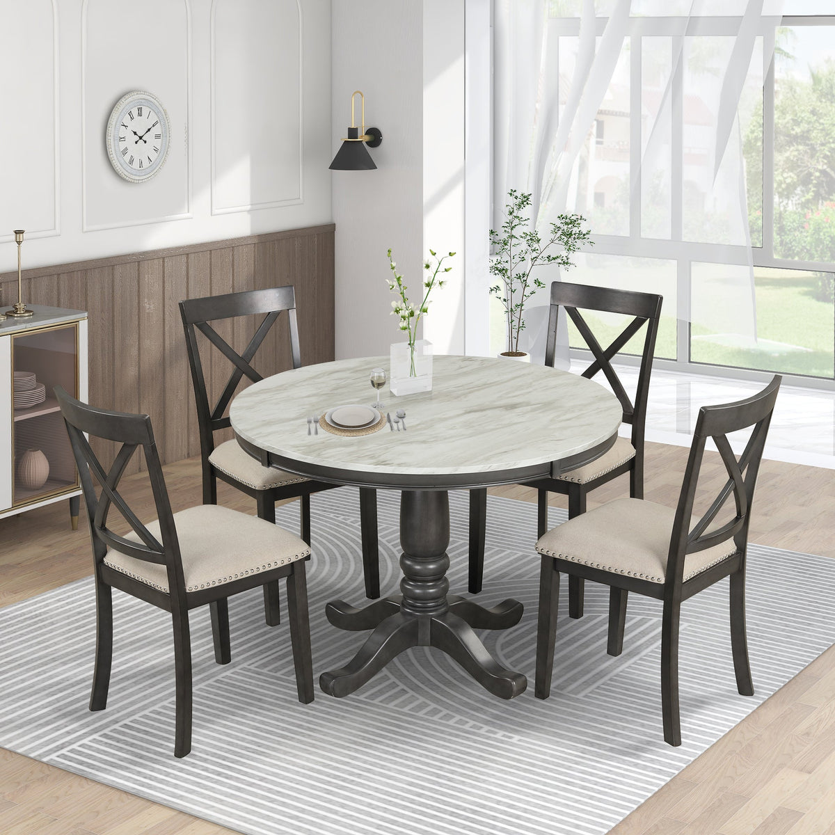 Round Marble-Look Dining Table Set for 4 with Padded Chairs