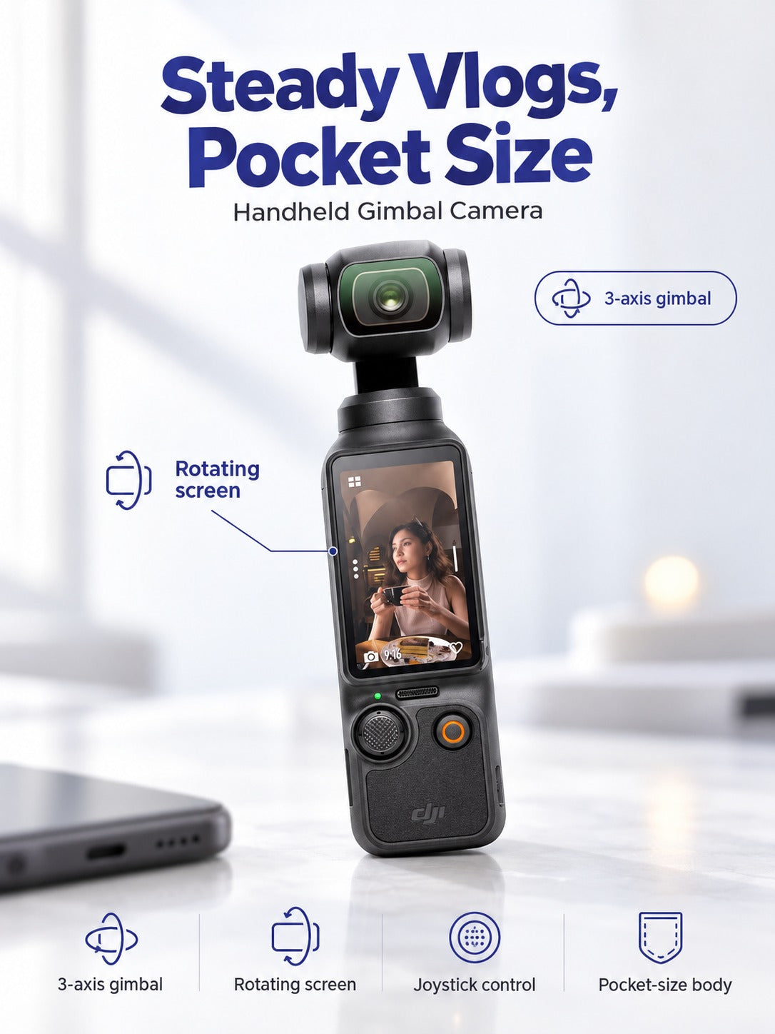 Pocket 3-Axis Gimbal Camera for Smooth Travel Vlogs