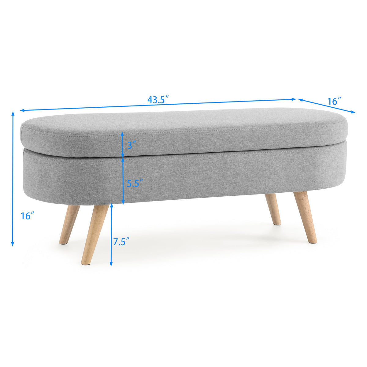 Oval Storage Ottoman Bench with Wood Legs, Light Grey