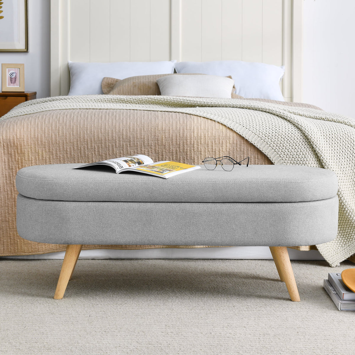 Oval Storage Ottoman Bench with Wood Legs, Light Grey