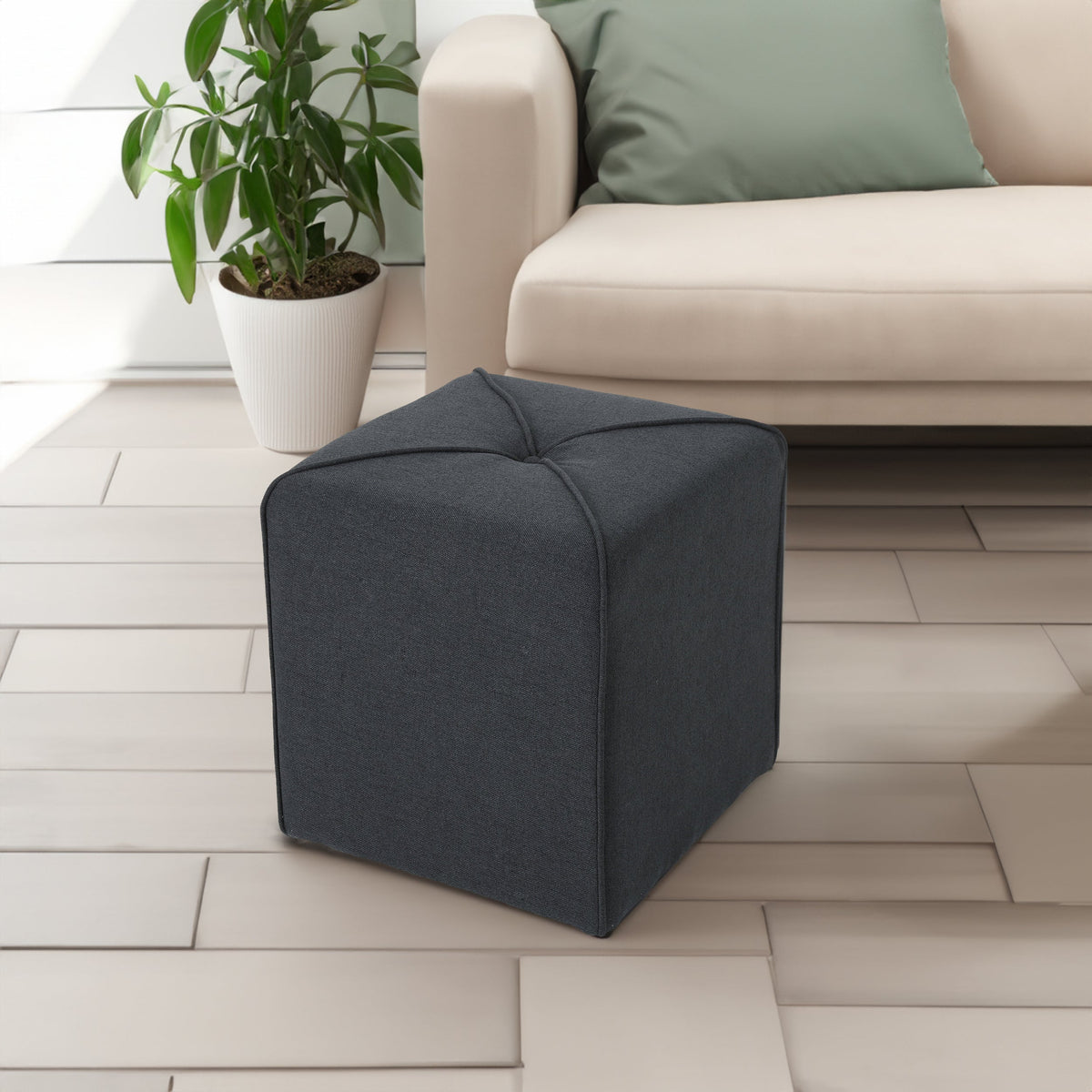 Square Upholstered Ottoman, Charcoal Tufted Footstool