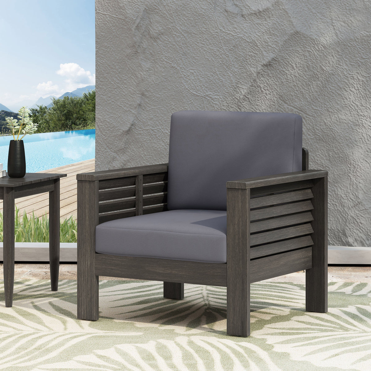 Outdoor Acacia Wood Club Chair with Gray Cushions