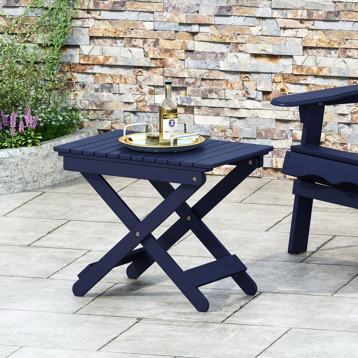 Folding Outdoor Wooden Side Table in Navy Blue for Patios