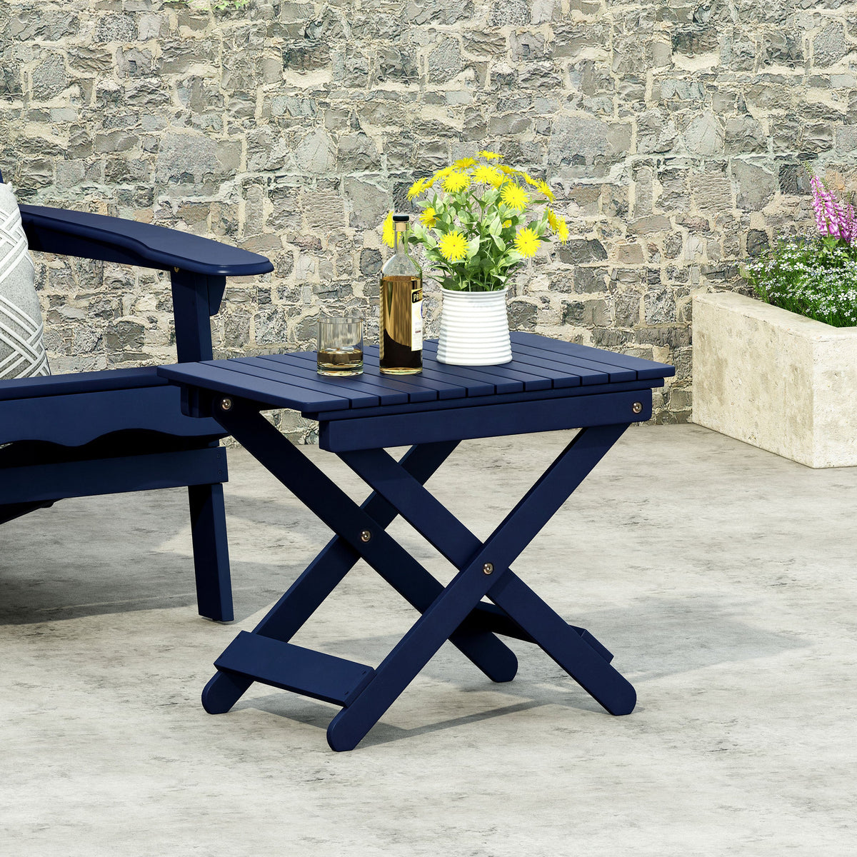 Folding Outdoor Wooden Side Table in Navy Blue for Patios