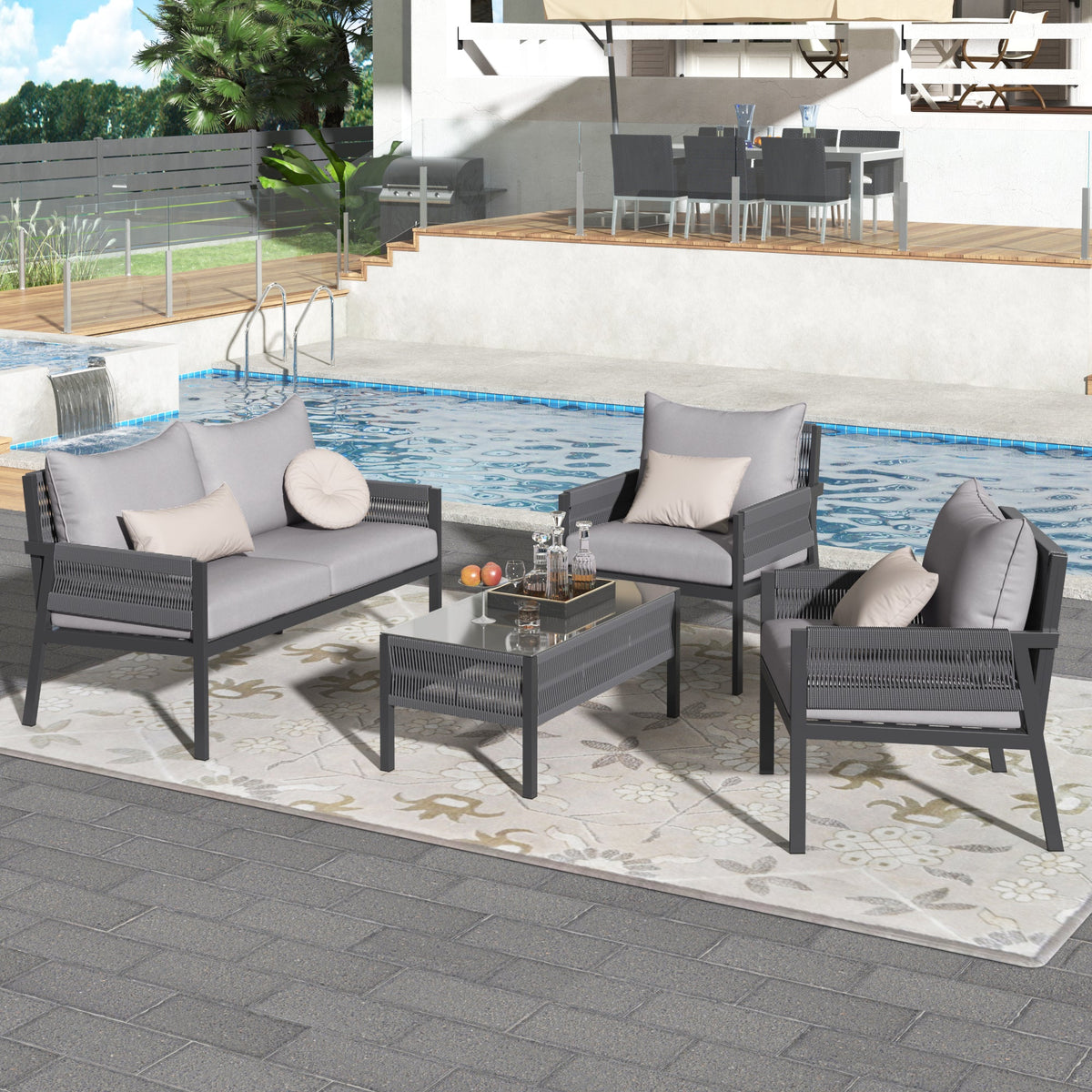 Outdoor Furniture Set with Glass Table & Thick Cushions