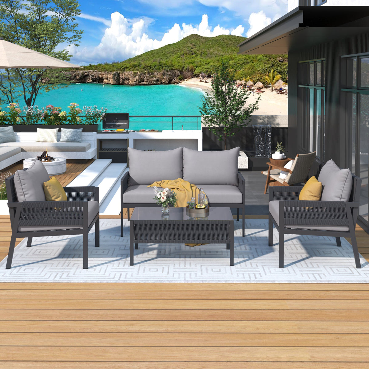 Outdoor Furniture Set with Glass Table & Thick Cushions