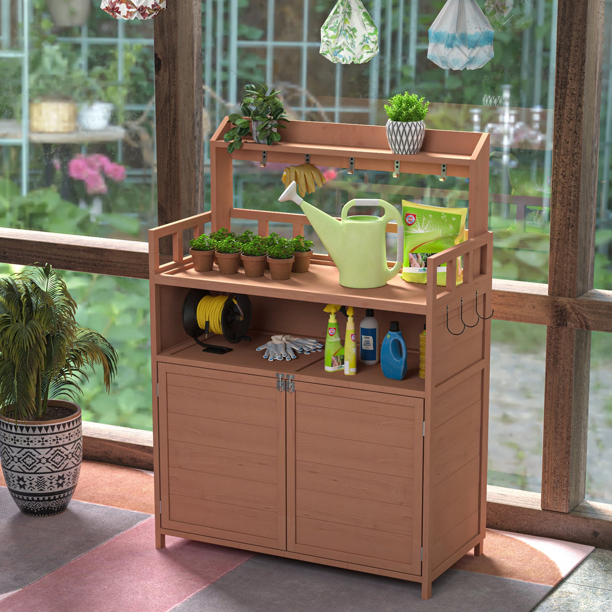 Outdoor Potting Bench with Storage Cabinet and Work Rails