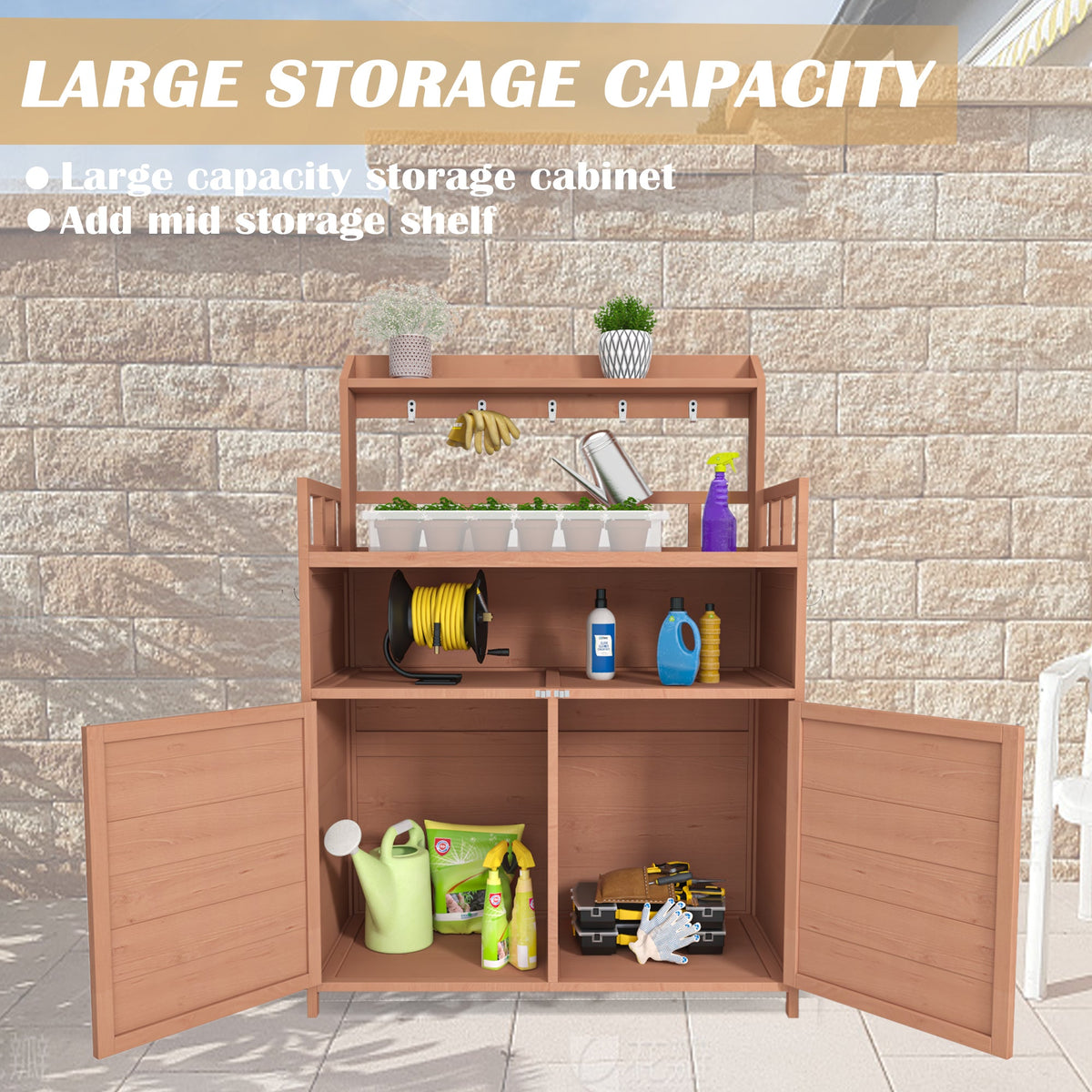 Outdoor Potting Bench with Storage Cabinet and Work Rails