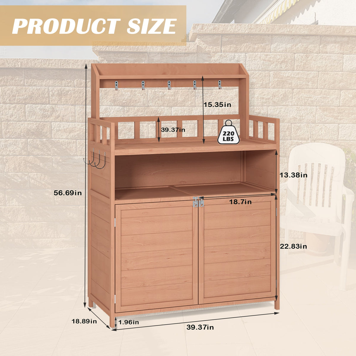 Outdoor Potting Bench with Storage Cabinet and Work Rails