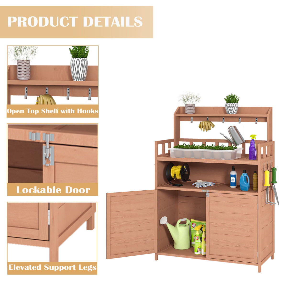 Outdoor Potting Bench with Storage Cabinet and Work Rails