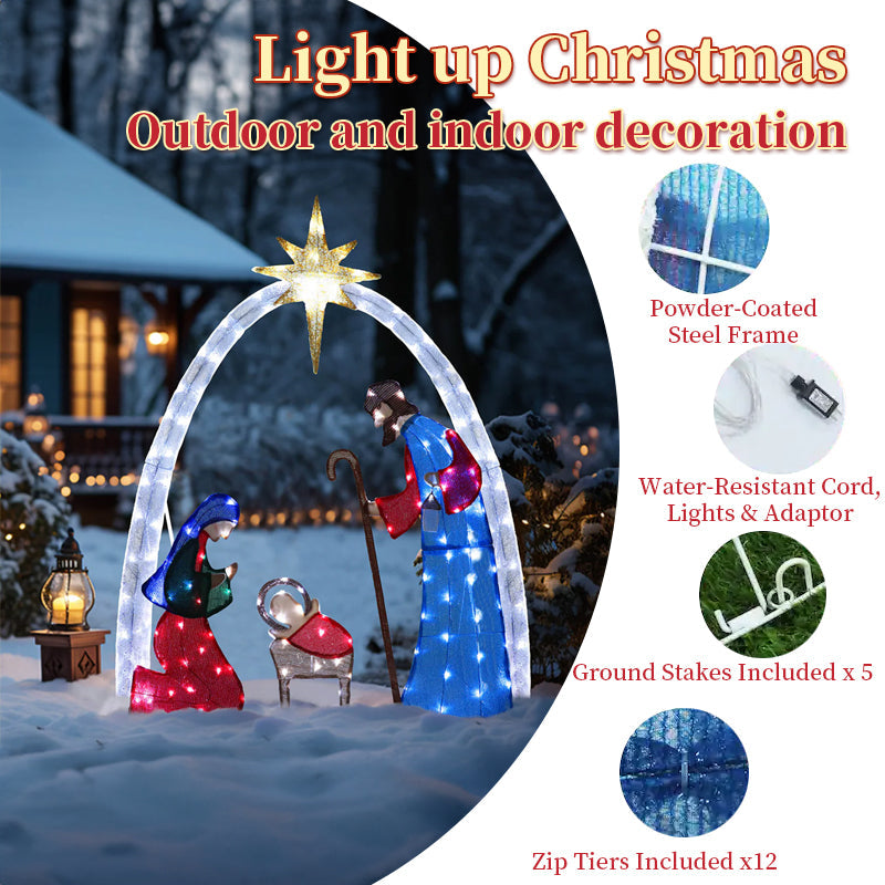 Outdoor Nativity Scene with Copper Wire Christmas Lights