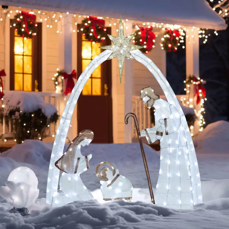 Outdoor Nativity Scene with Copper Wire Christmas Lights