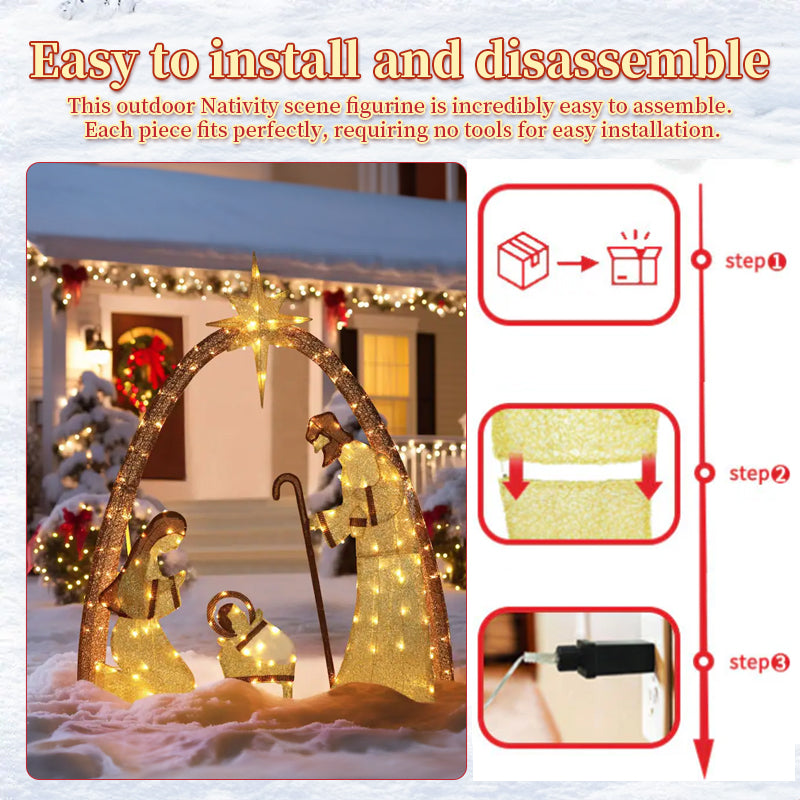 Outdoor Nativity Scene with Copper Wire Christmas Lights