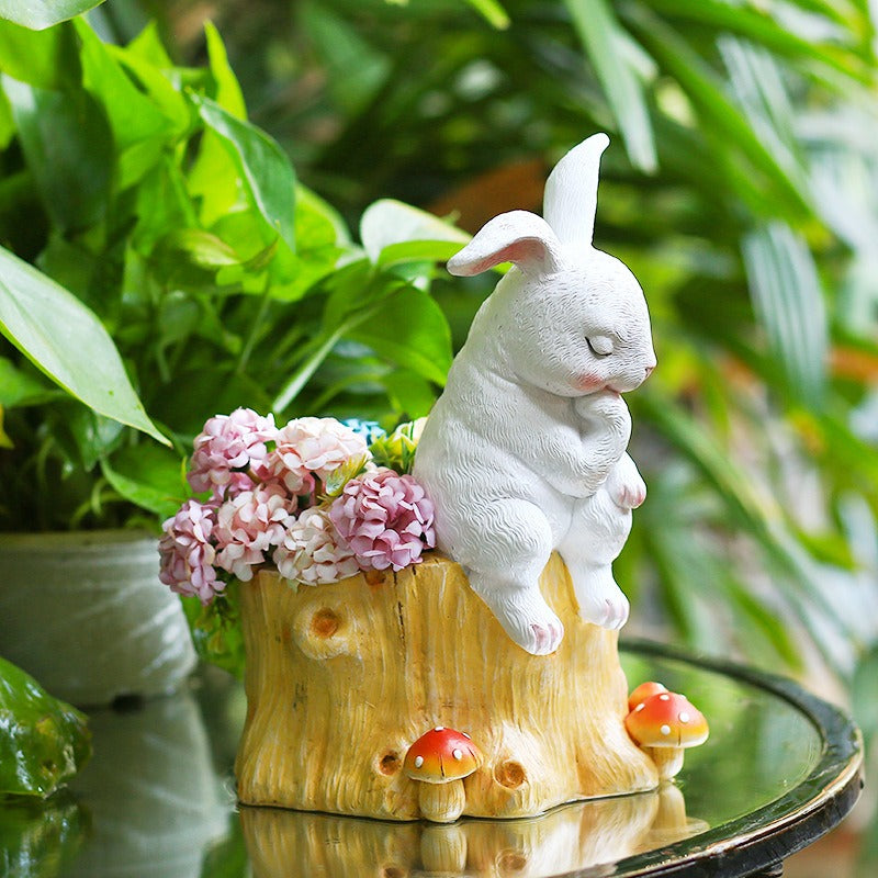Rabbit Tree Stump Planter for Whimsical Garden Decor
