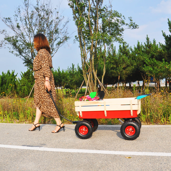 Outdoor Utility Wagon with Large Air Tires & Wood Rails