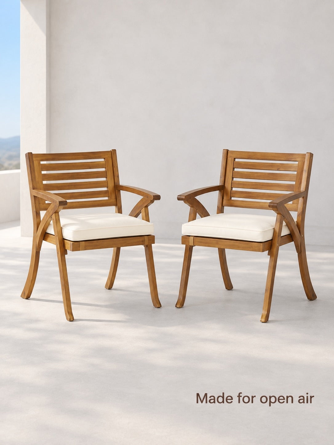 Outdoor Wood Dining Chairs Set of 2 with Cream Cushions