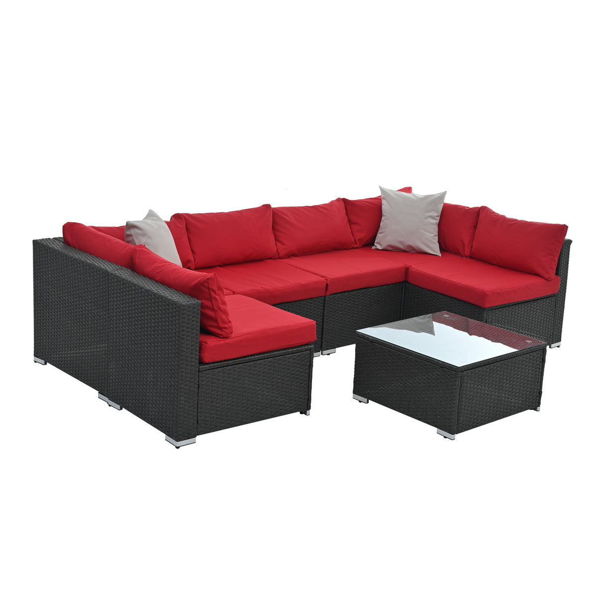 Rattan Patio Sectional Set with Red Cushions & Glass Table