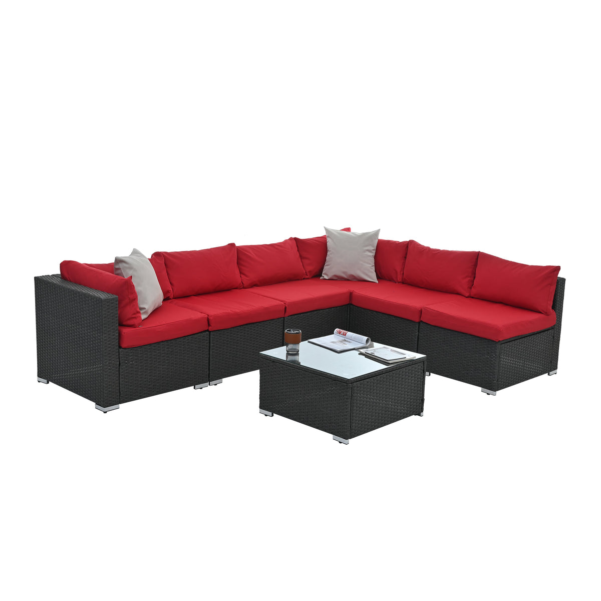 Rattan Patio Sectional Set with Red Cushions & Glass Table