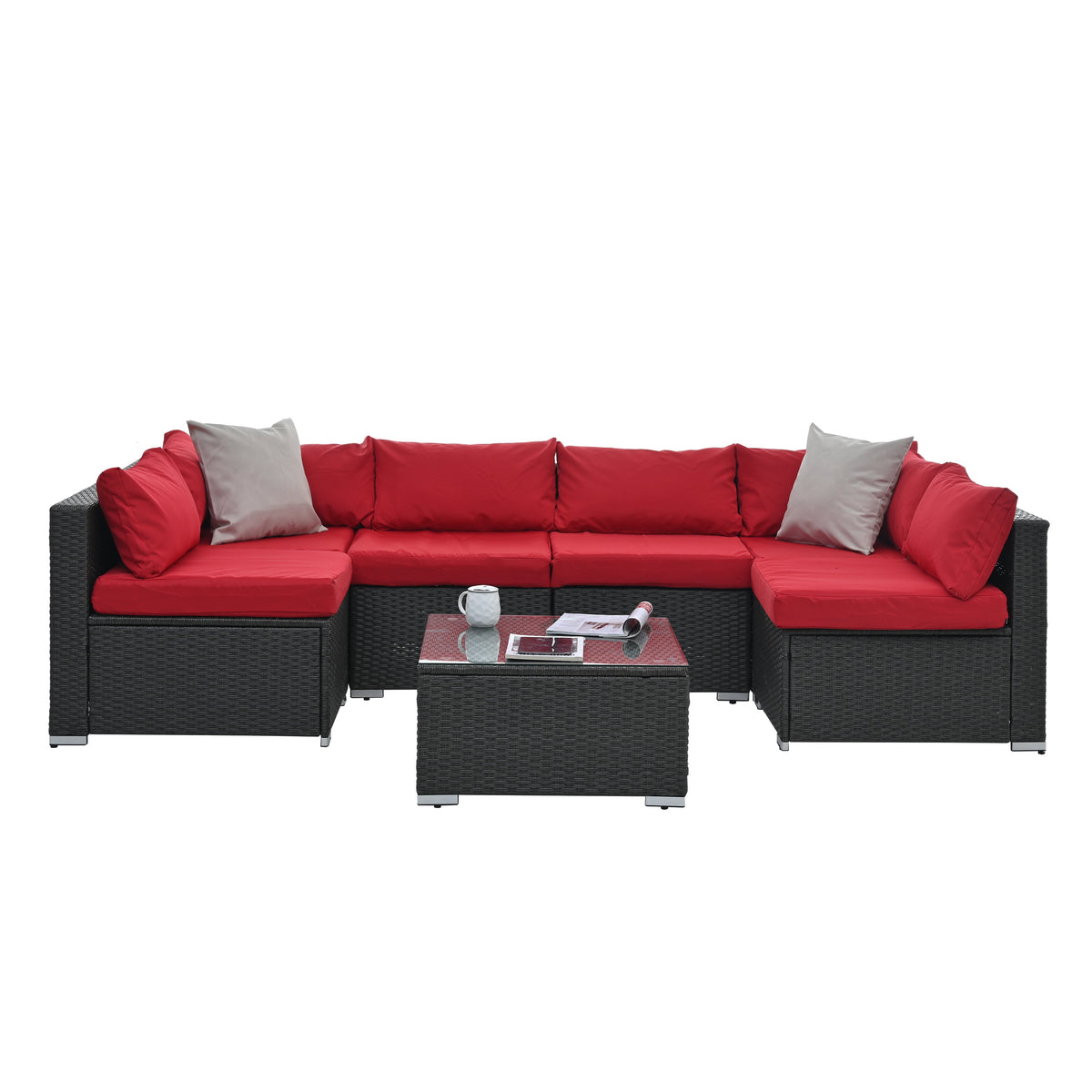 Rattan Patio Sectional Set with Red Cushions & Glass Table