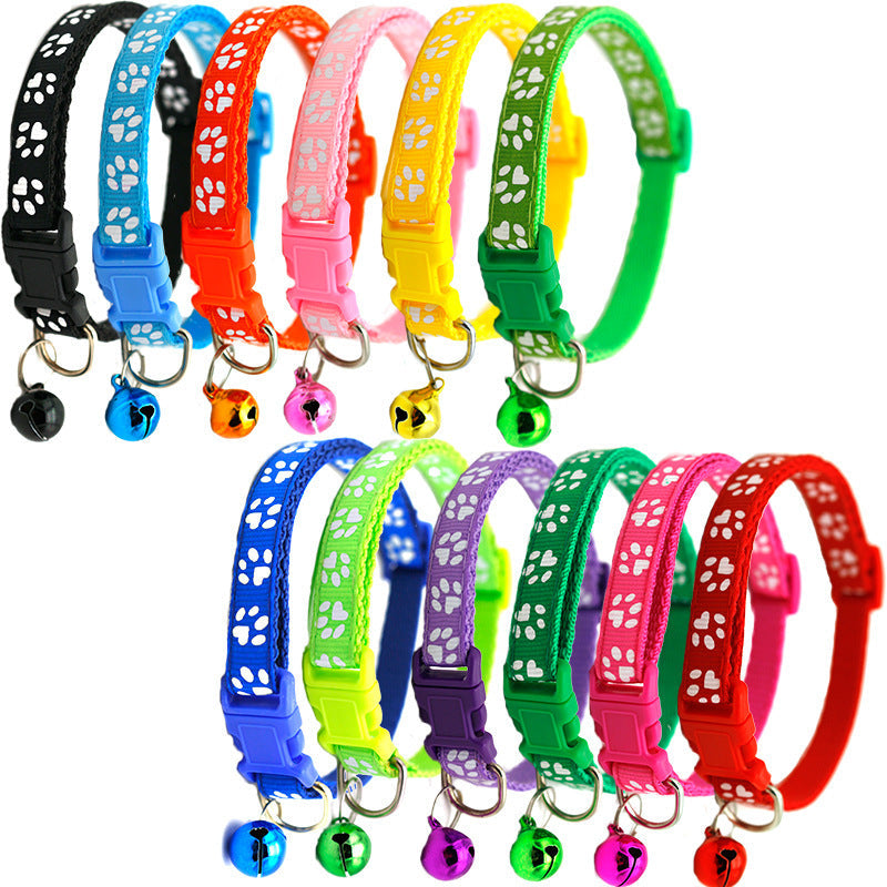 Adjustable Pet Collar with Colorful Bell & Paw Print