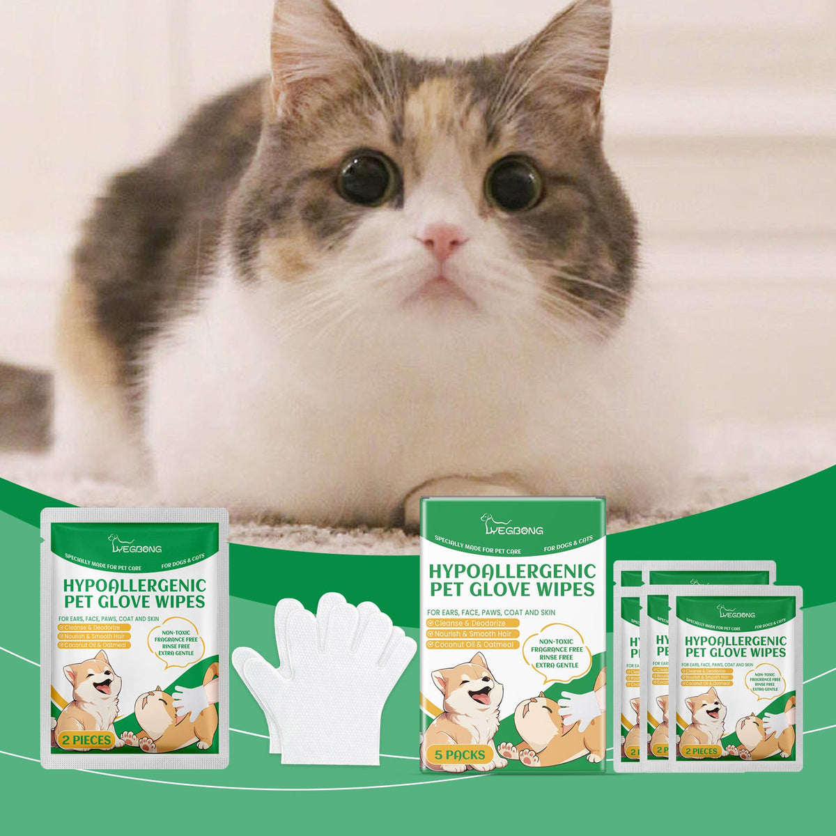 Pet Cleaning Gloves for Dogs & Cats, No-Rinse Care