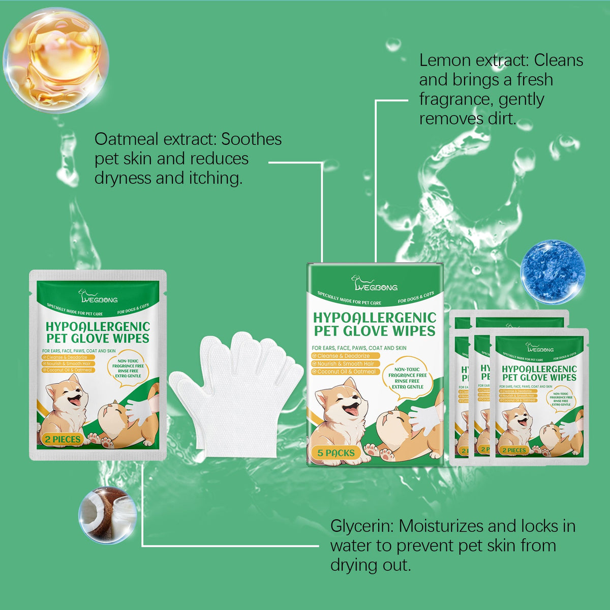 Pet Cleaning Gloves for Dogs & Cats, No-Rinse Care