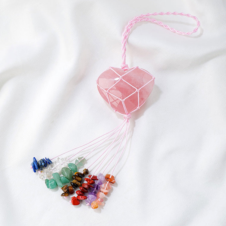 Pink Crystal Heart Pendant with Colorful Stone Tassel