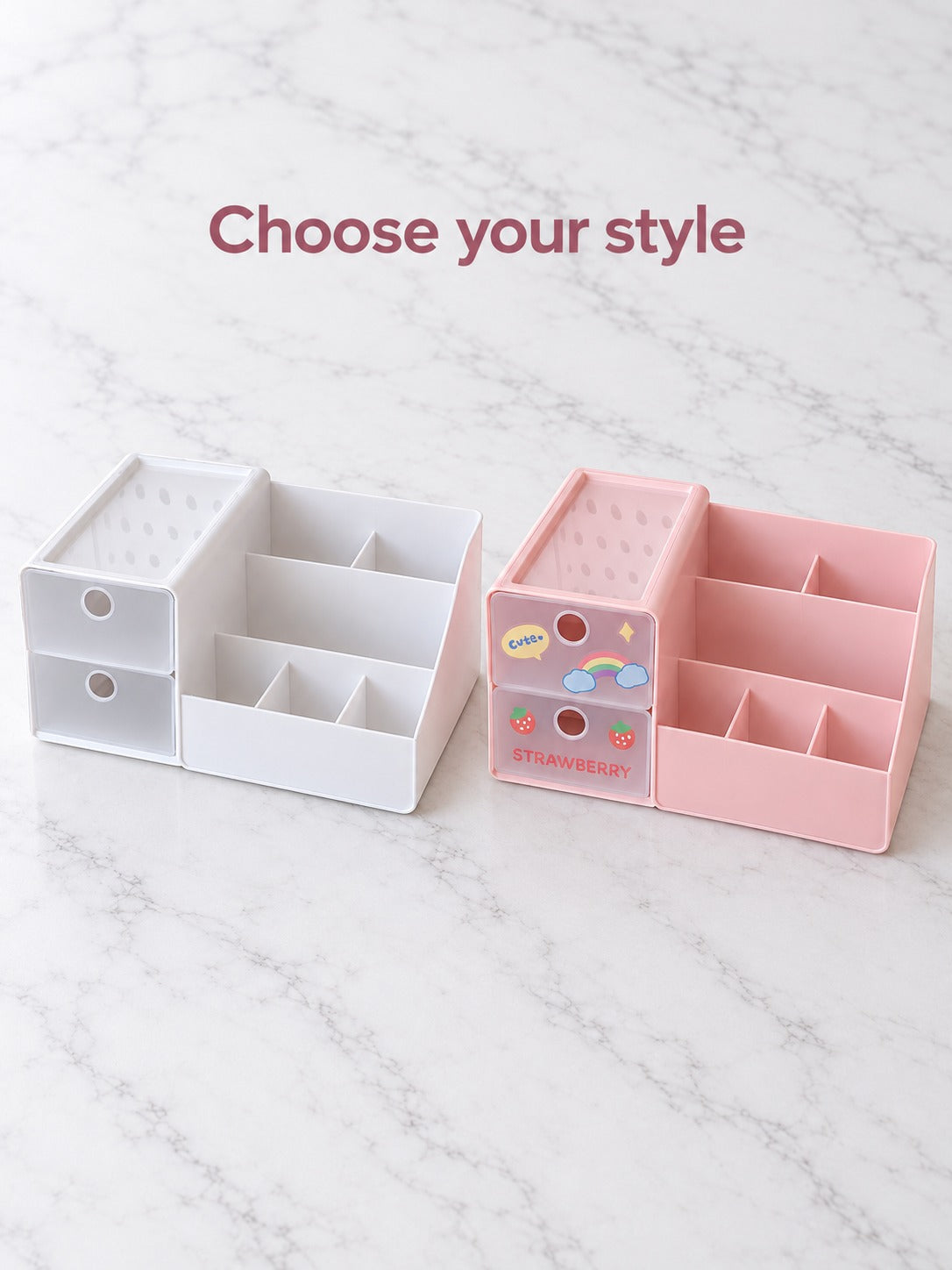 Pink Desk Organizer with Drawers for Pens and Cards