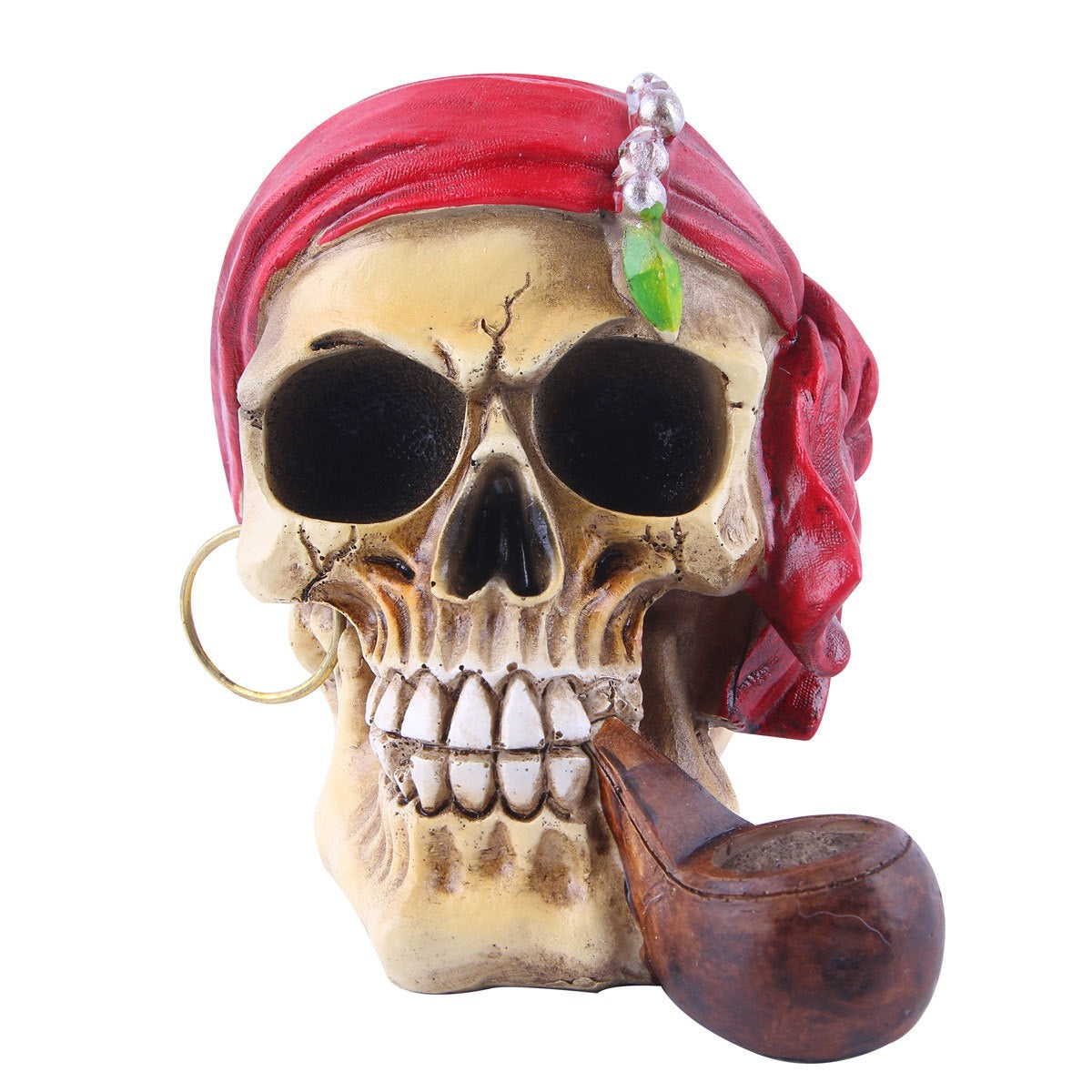 Pirate Skull Resin Decor Statue with Pipe & Bandana
