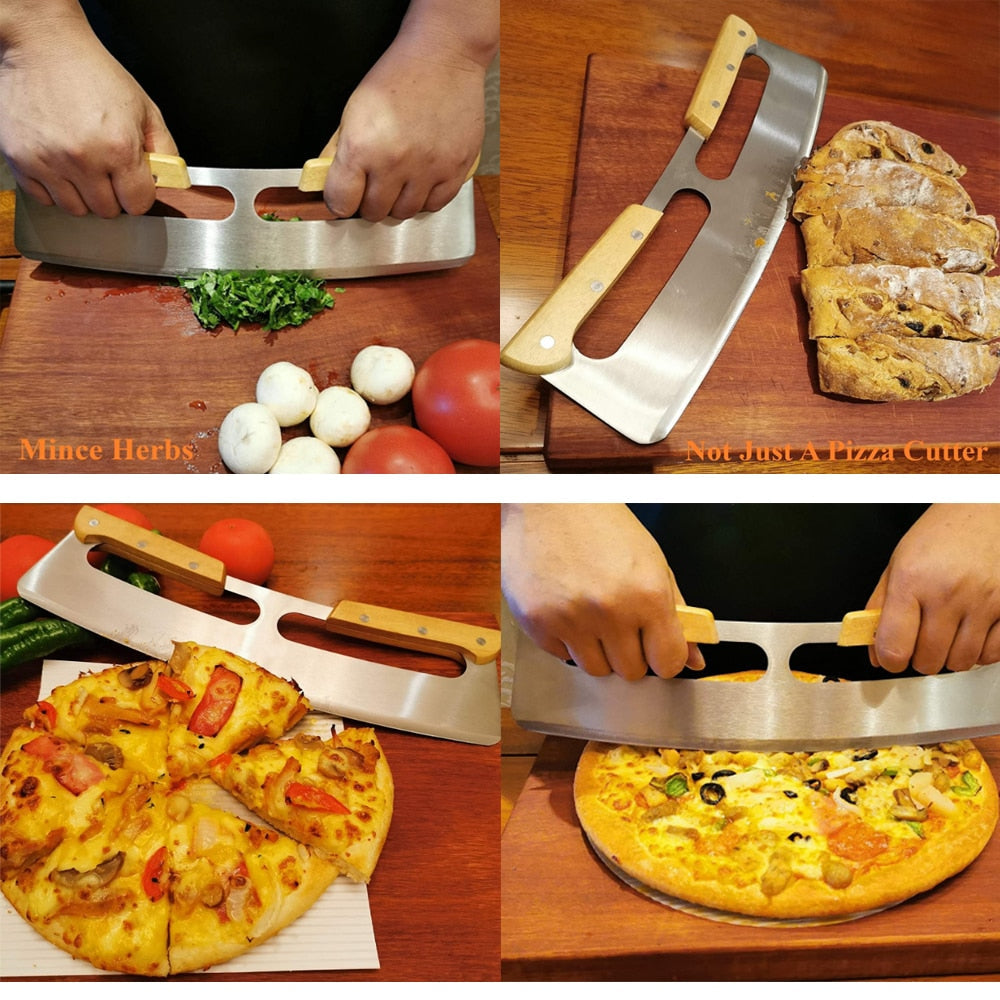 14 Inch Pizza Cutter Rocker Blade with Wooden Handles
