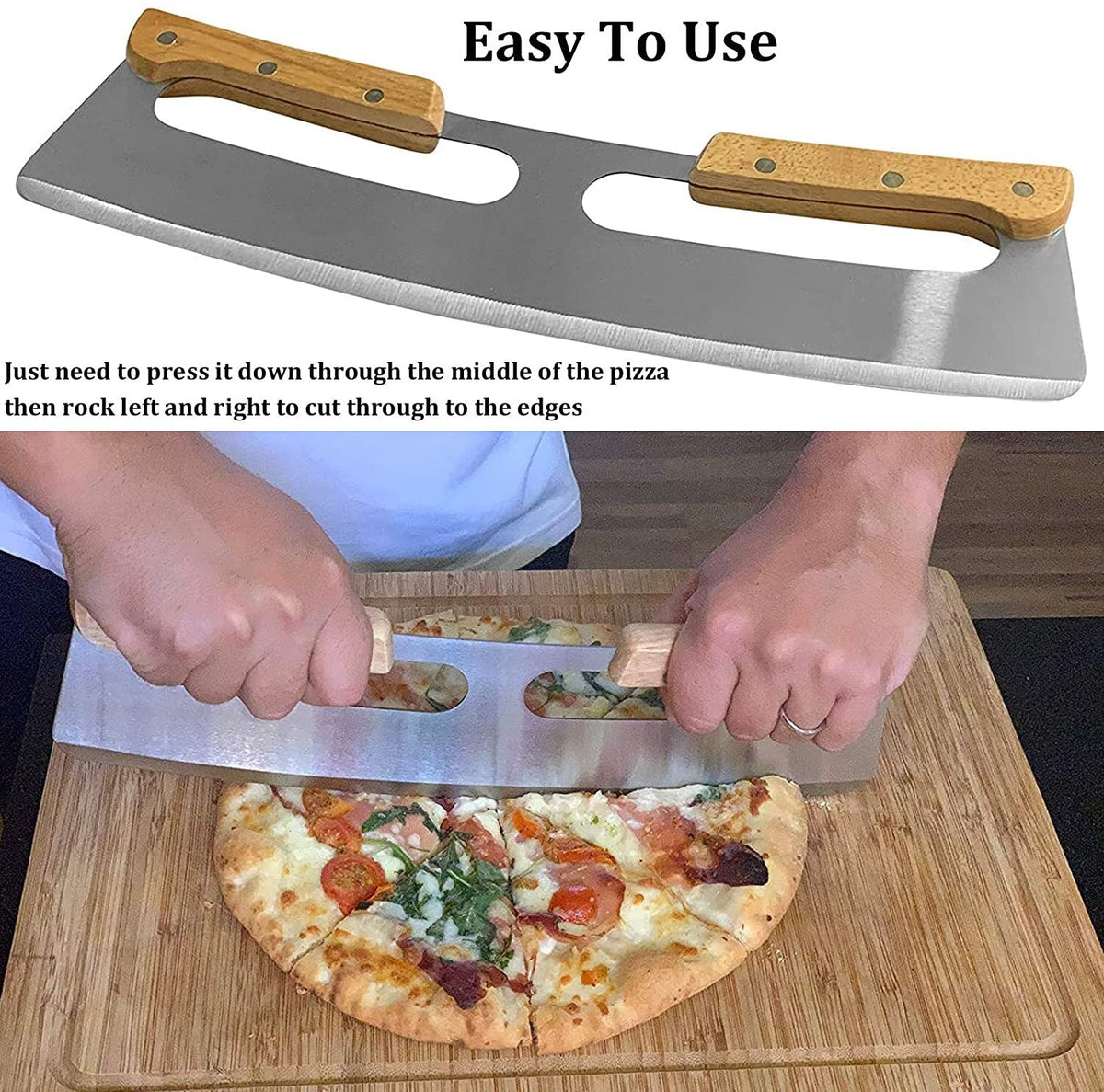 14 Inch Pizza Cutter Rocker Blade with Wooden Handles