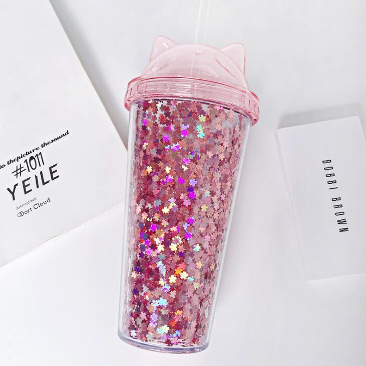 Cat Ear Glitter Water Bottle with Straw for Kids & Teens