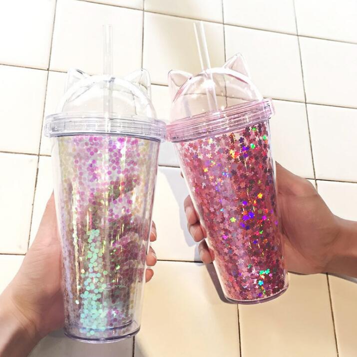 Cat Ear Glitter Water Bottle with Straw for Kids & Teens