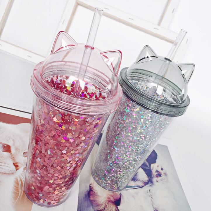 Cat Ear Glitter Water Bottle with Straw for Kids & Teens